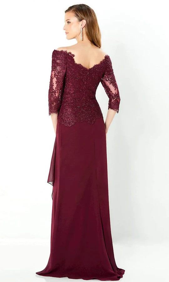 Elegant Sheath Off-Shoulder Beaded-Lace-Draped-Back Burgundy Chiffon Floor-Length Mother of the Bride Dresses