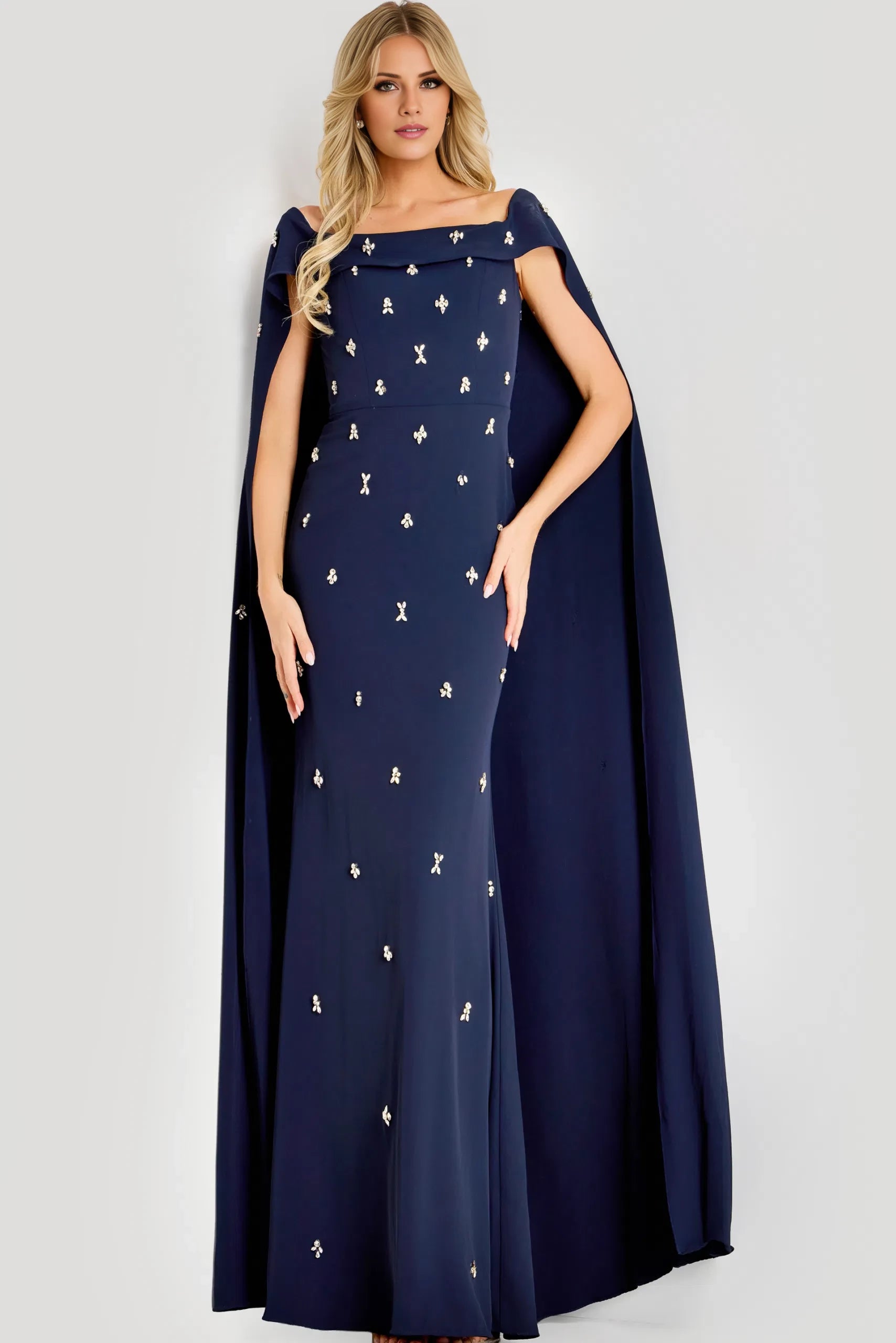 Elegant Sheath Off-Shoulder Cape-Sleeve Beaded-Accent Long Length Evening Dresses
