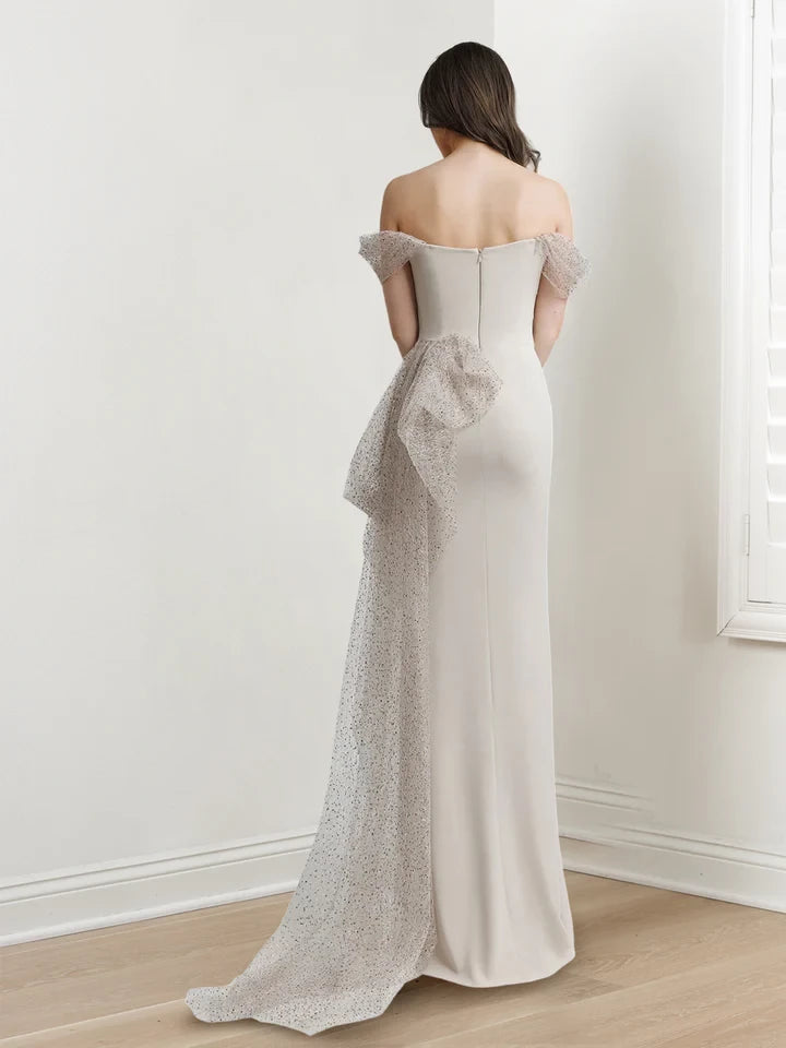 Elegant Sheath Off - Shoulder Glitter Sleeve Zipper Back Long Length Prom Dresses