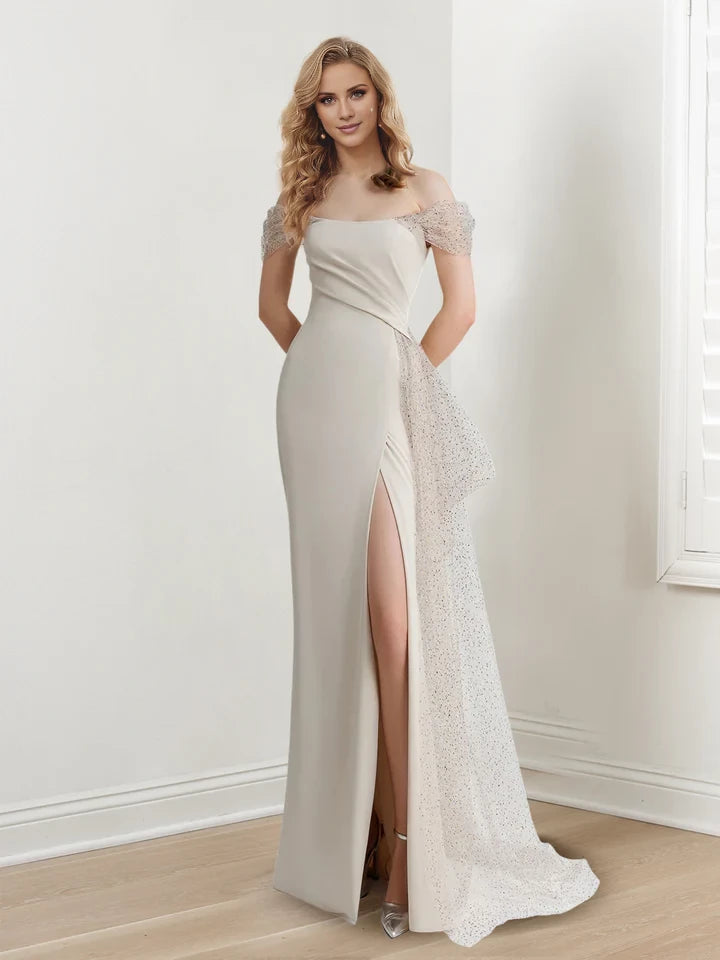 Elegant Sheath Off - Shoulder Glitter Sleeve Zipper Back Long Length Prom Dresses