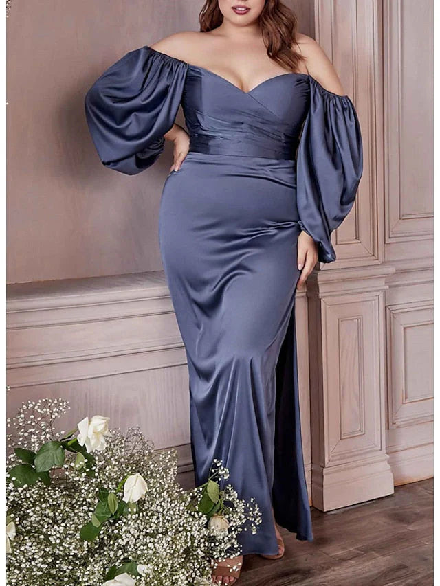 Plus Size Elegant Sheath Off - Shoulder Puff Sleeve Zipper Back Long Length Prom Dresses