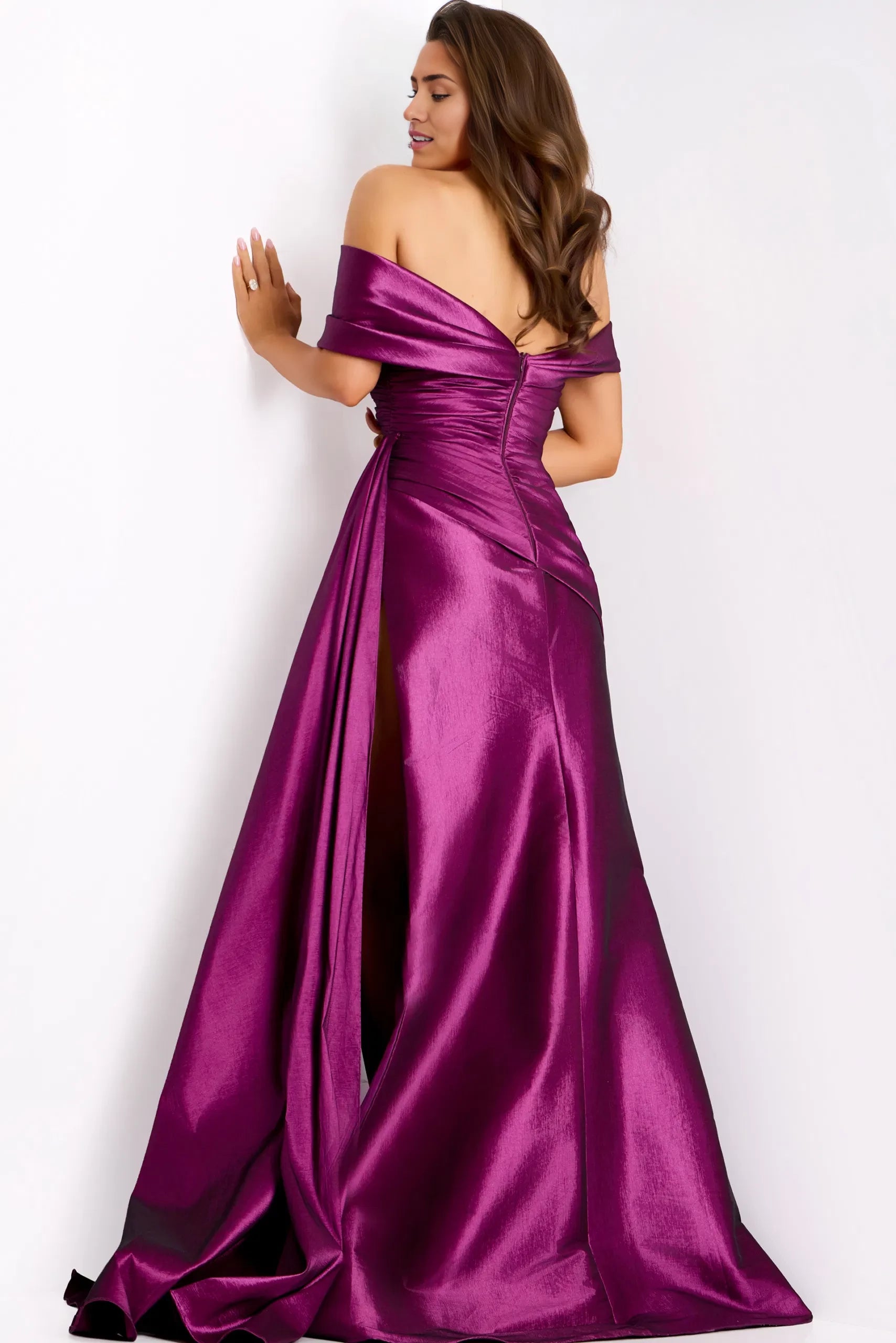 Elegant Sheath Off-Shoulder Ruched-Bodice High-Slit Long Length Mother of the Bride Dresses