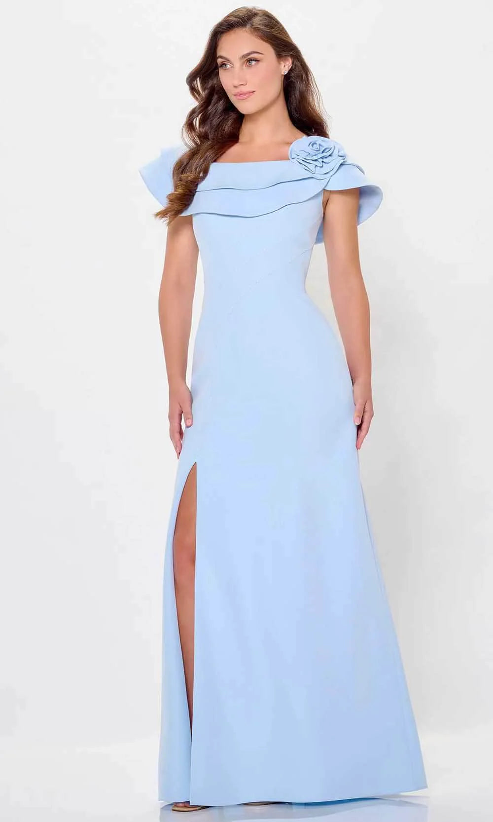 Elegant Sheath Off-Shoulder Ruffle-Sleeve Floral-Accent-Slit-Back Sky Blue Crepe Floor-Length Mother of the Bride Dresses