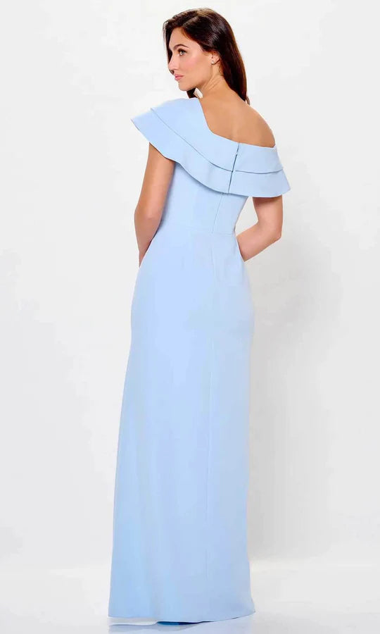 Elegant Sheath Off-Shoulder Ruffle-Sleeve Floral-Accent-Slit-Back Sky Blue Crepe Floor-Length Mother of the Bride Dresses