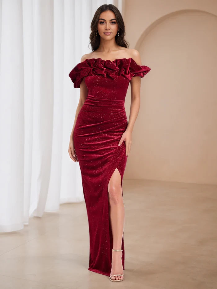 Elegant Sheath Off - Shoulder Short Sleeve Plain Back Floor Length Prom Dresses