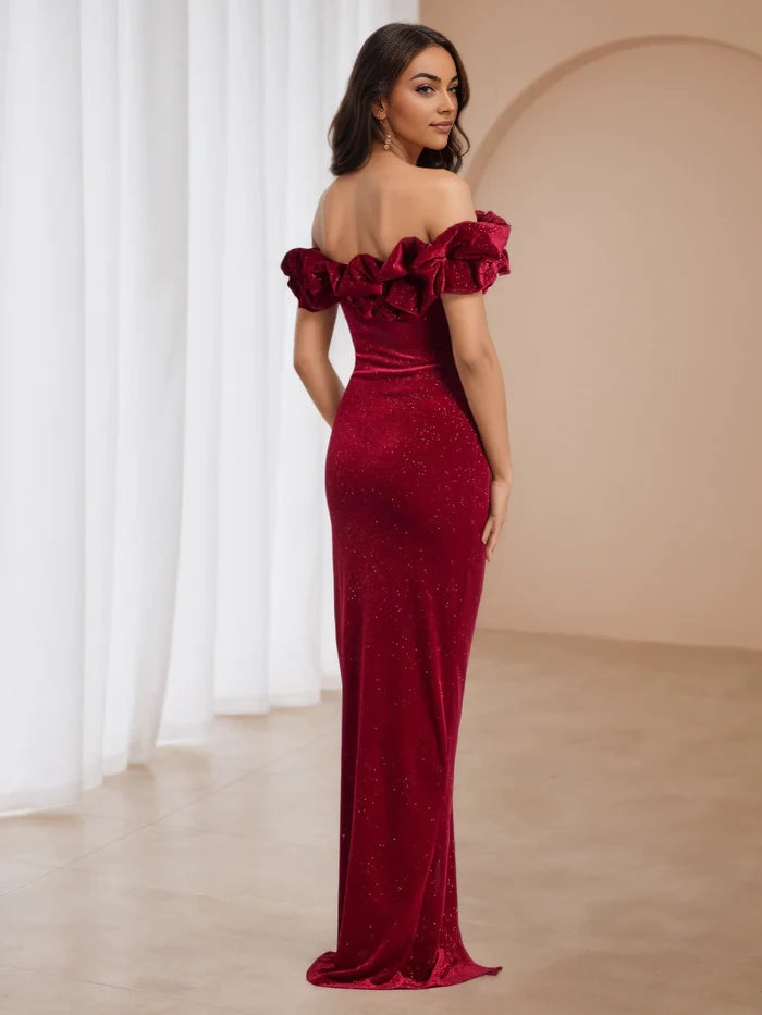 Elegant Sheath Off - Shoulder Short Sleeve Plain Back Floor Length Prom Dresses