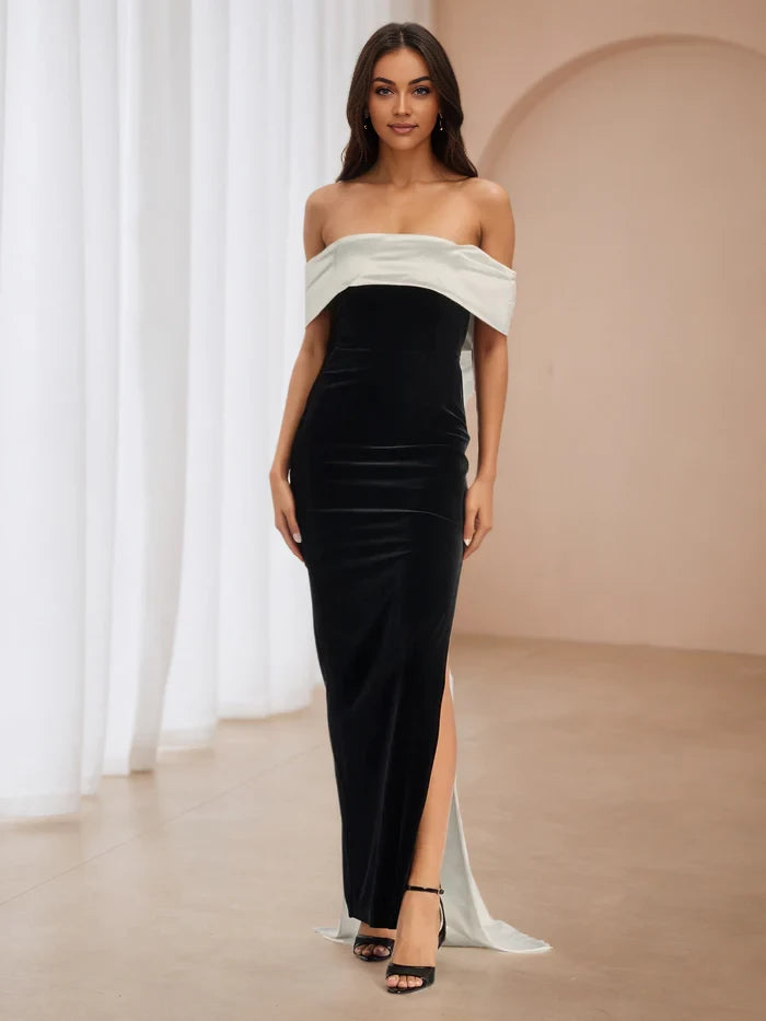 Elegant Sheath Off - Shoulder Sleeveless Bow Back Floor Length Prom Dresses