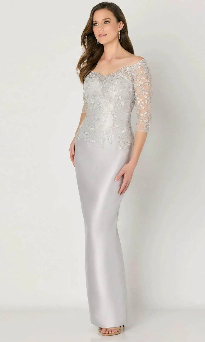 Elegant Sheath Off-Shoulder Three-Quarter-Sleeve Lace-Back Silver Satin Floor-Length Mother of the Bride Dresses