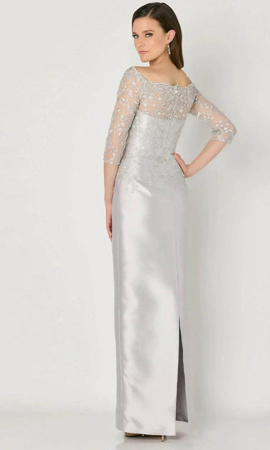 Elegant Sheath Off-Shoulder Three-Quarter-Sleeve Lace-Back Silver Satin Floor-Length Mother of the Bride Dresses