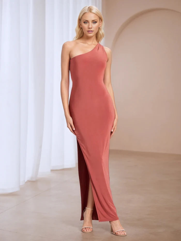 Elegant Sheath One - Shoulder Sleeveless Strappy Back Long Length Prom Dresses