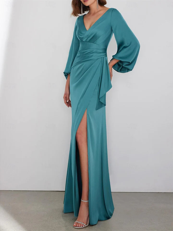 Elegant Sheath Plunging V - Neck Lantern - Sleeve Zipper Back Floor - Length Mother of the Bride Dresses