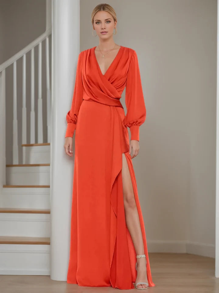 Elegant Sheath Plunging V - Neck Lantern - Sleeve Zipper Back Floor - Length Mother of the Bride Dresses