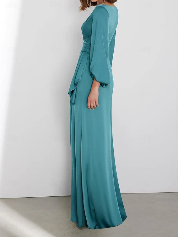 Elegant Sheath Plunging V - Neck Lantern - Sleeve Zipper Back Floor - Length Mother of the Bride Dresses
