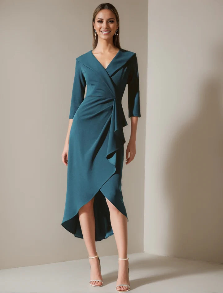 Elegant Sheath Plunging V - Neck Three - Quarter Sleeve Zipper Back Asymmetrical Length Mother of the Bride Dresses