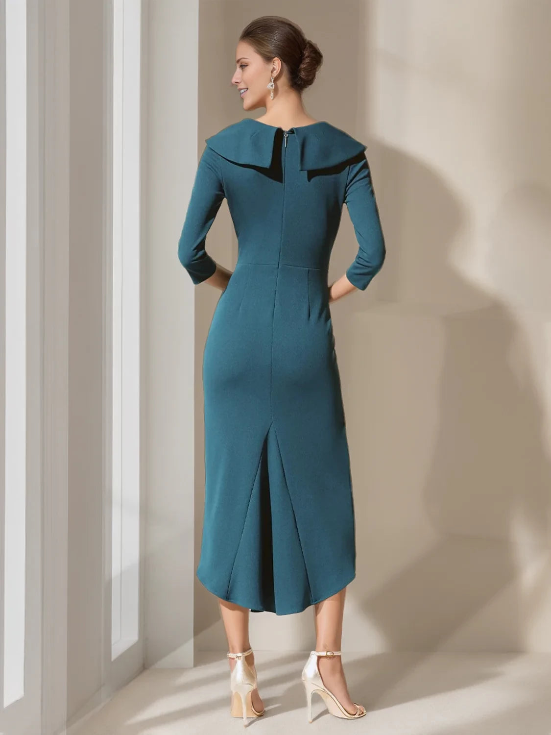 Elegant Sheath Plunging V - Neck Three - Quarter Sleeve Zipper Back Asymmetrical Length Mother of the Bride Dresses