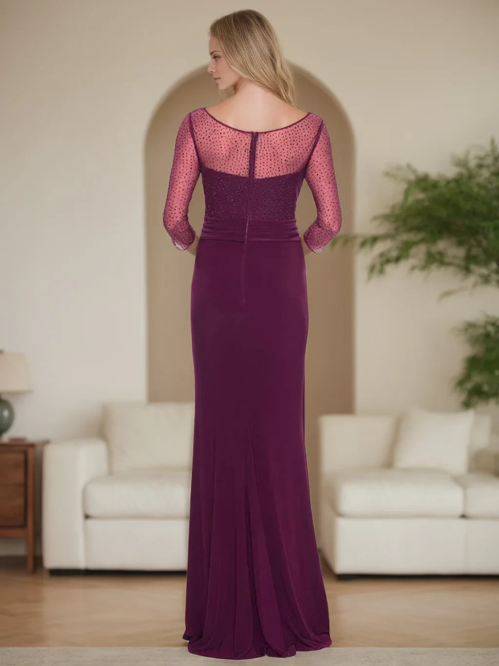 Elegant Sheath Plunging V - Neck Three - Quarter Sleeve Zipper Back Floor - Length Mother of the Bride Dresses