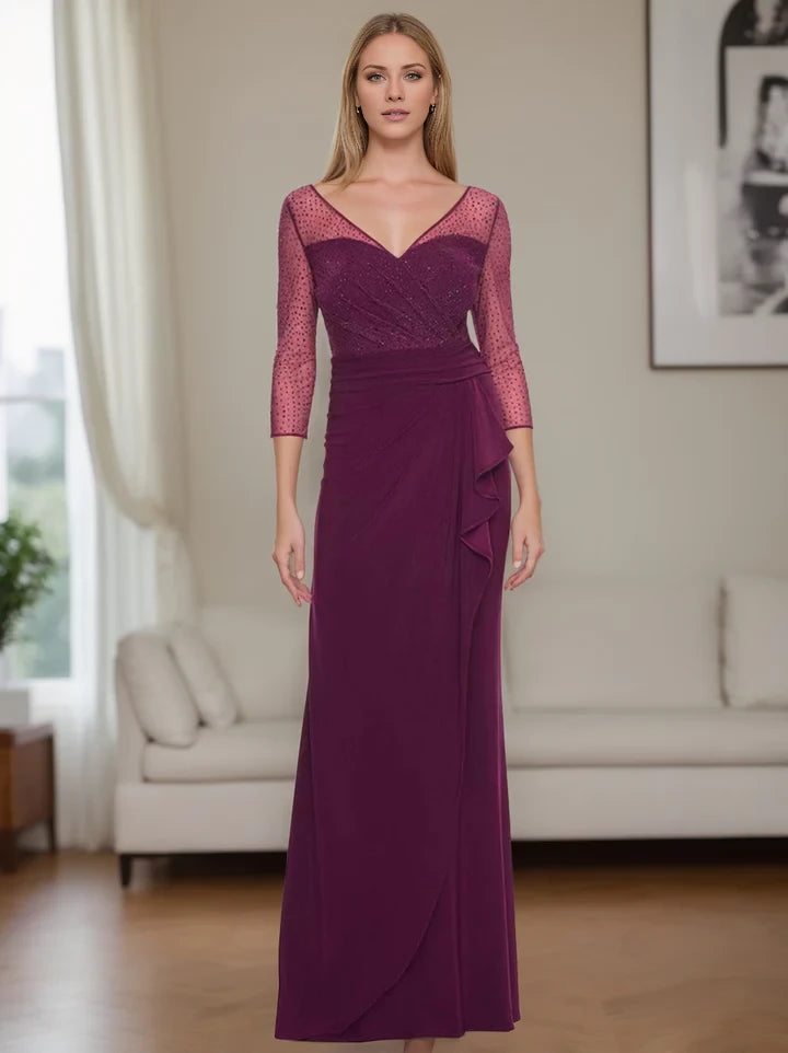 Elegant Sheath Plunging V - Neck Three - Quarter Sleeve Zipper Back Floor - Length Mother of the Bride Dresses