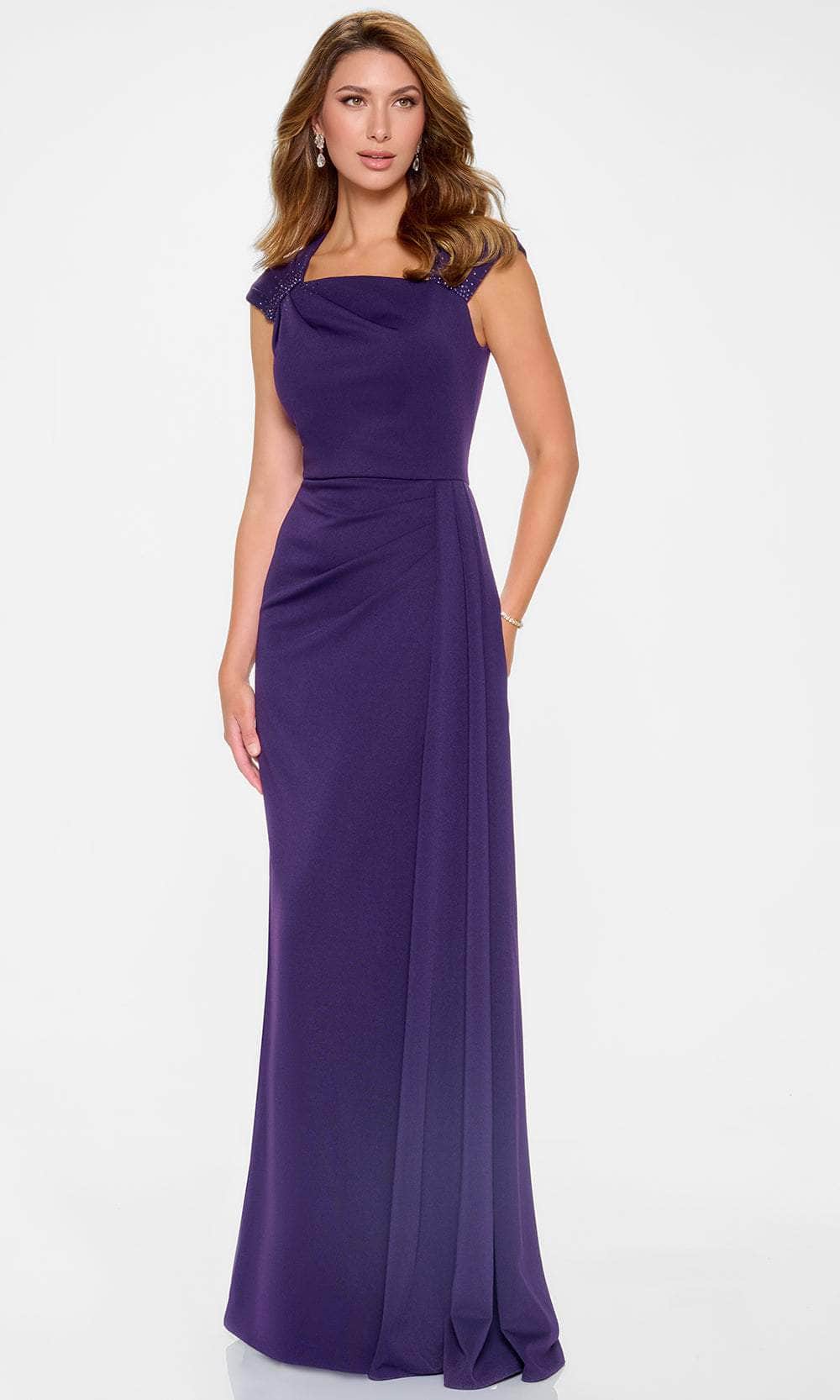 Elegant Sheath Square-Neck Cap-Sleeve Beaded-Trim Royal Purple Satin Floor-Length Mother of the Bride Dresses