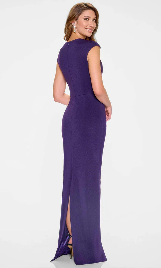Elegant Sheath Square-Neck Cap-Sleeve Beaded-Trim Royal Purple Satin Floor-Length Mother of the Bride Dresses