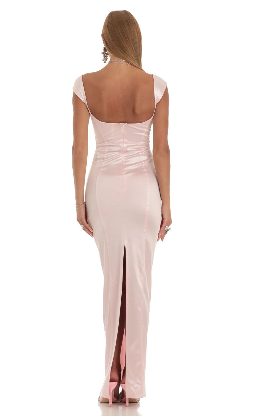 Elegant Sheath Square-Neck Cap-Sleeve Open Back High-Slit Floor Length Prom Dresses