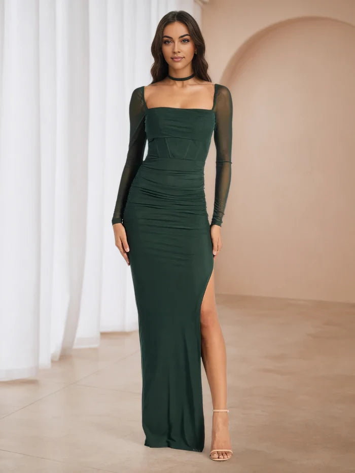 Elegant Sheath Square Neck Long Sleeve Tie Back Floor Length Prom Dresses