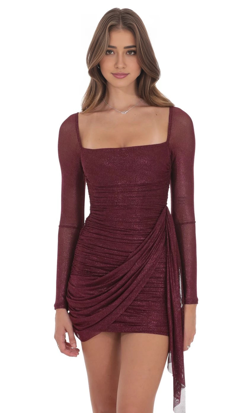 Elegant Sheath Square-Neck Metallic-Long-Sleeve Back-Zip Short Length Homecoming Dresses