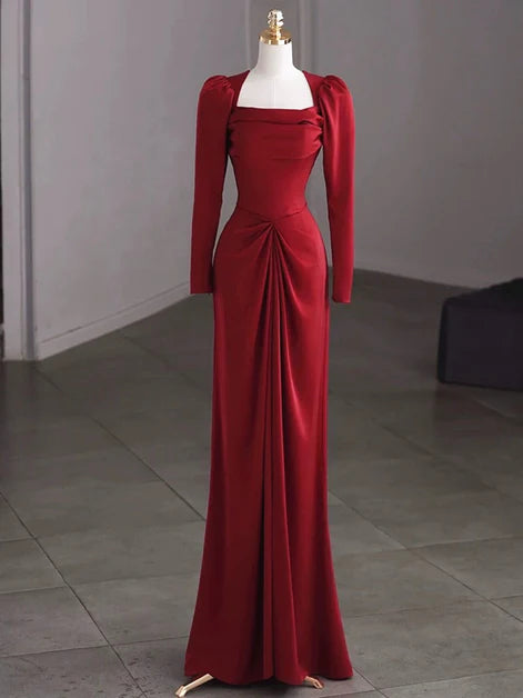 Elegant Sheath Square-Neck Satin Long-Puff-Sleeve Back-Zip Floor-Length Evening Dresses