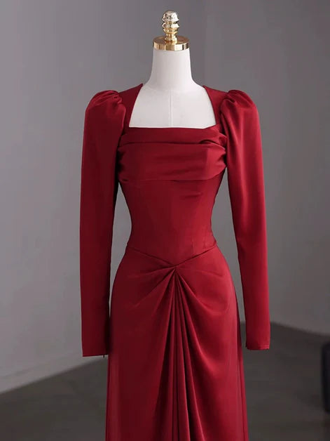 Elegant Sheath Square-Neck Satin Long-Puff-Sleeve Back-Zip Floor-Length Evening Dresses