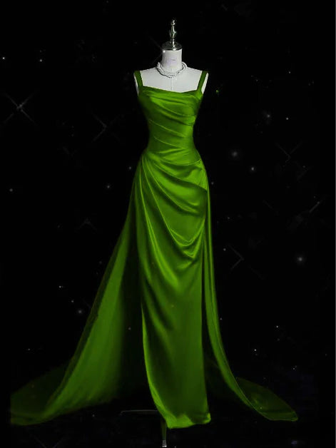 Elegant Sheath Square-Neck Satin Ruched Spaghetti-Strap Back-Zip Train Length Evening Dresses