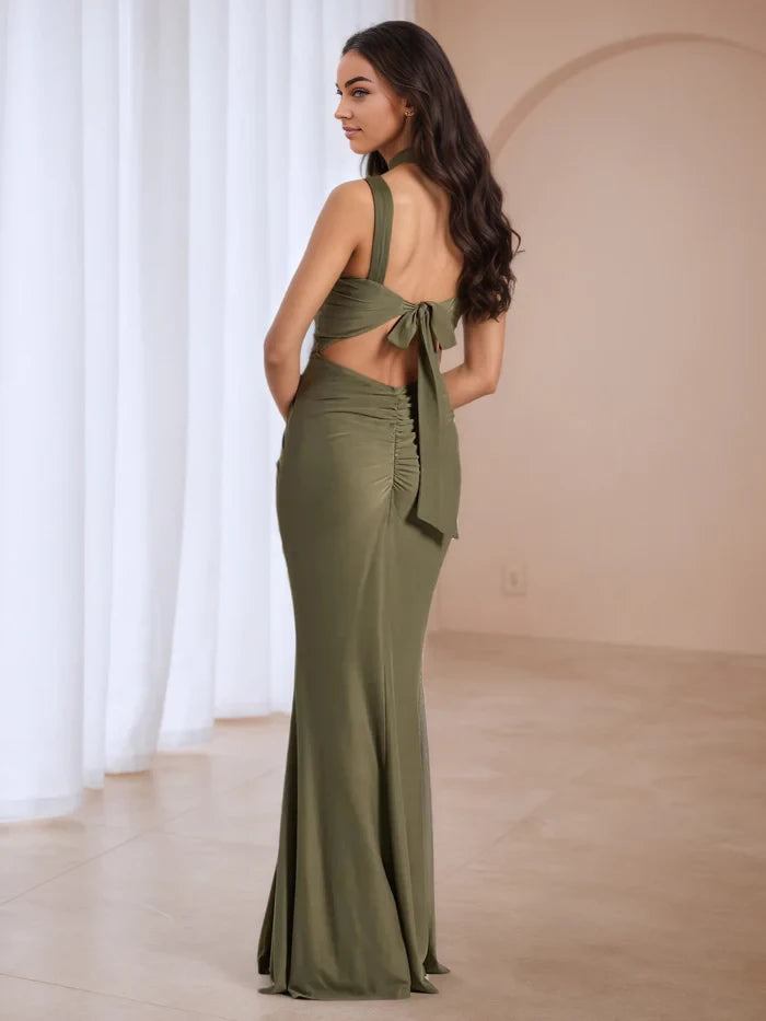 Elegant Sheath Square Neck Sleeveless Bow - Back Long Length Prom Dresses