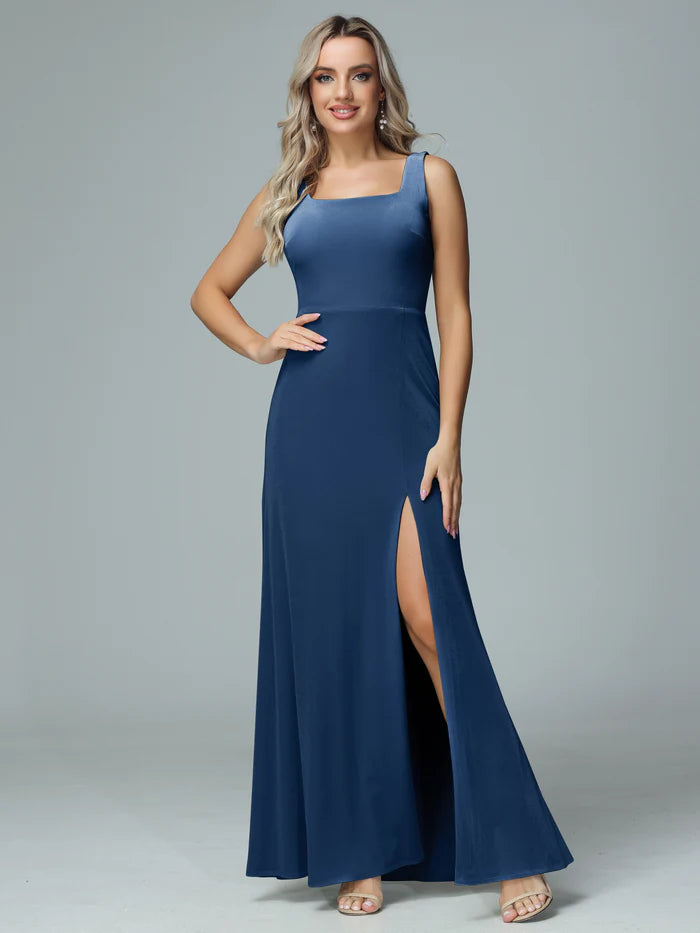 Elegant Sheath Square-Neck Sleeveless V-Back Navy Satin Floor-Length Bridesmaid Dresses