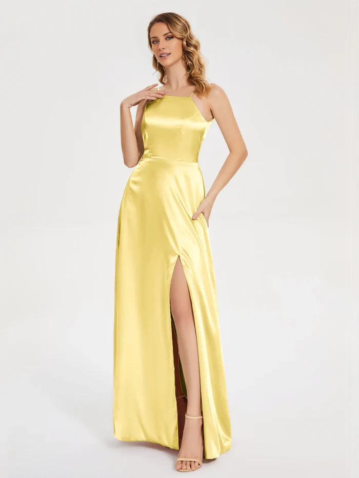 Elegant Sheath Square Neck Spaghetti Strap Lace - Up Back Long Length Prom Dresses