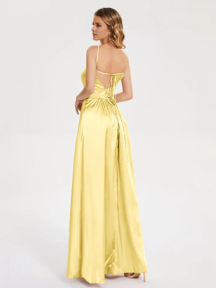 Elegant Sheath Square Neck Spaghetti Strap Lace - Up Back Long Length Prom Dresses