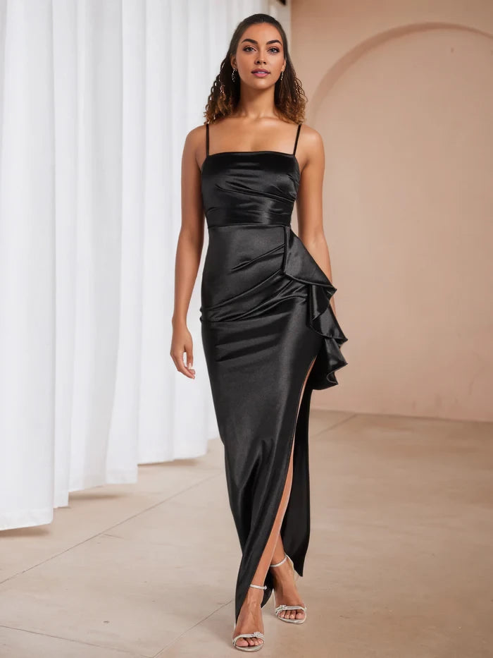 Elegant Sheath Square Neck Spaghetti Strap Open Back Long Length Prom Dresses