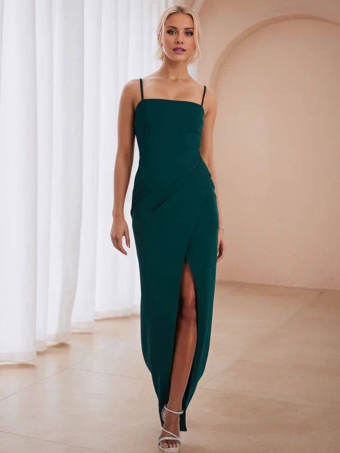 Elegant Sheath Square Neck Spaghetti Strap Open Back Long Length Prom Dresses