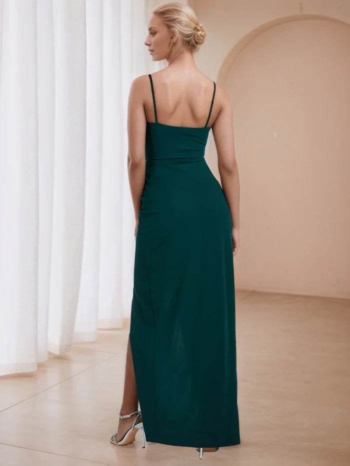 Elegant Sheath Square Neck Spaghetti Strap Open Back Long Length Prom Dresses