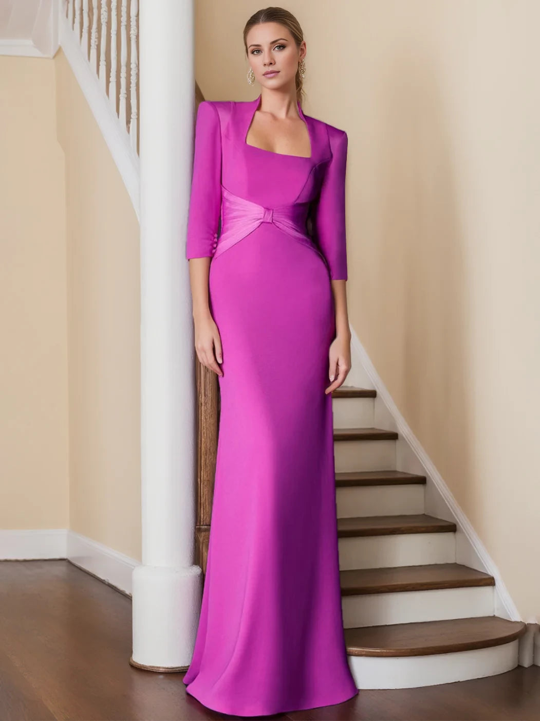 Elegant Sheath Square Neck Three - Quarter Sleeve Button Back Floor - Length Mother of the Bride Dresses