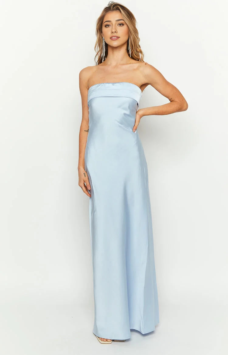 Elegant Sheath Strapless Cutout Back Floor Length Prom Dresses