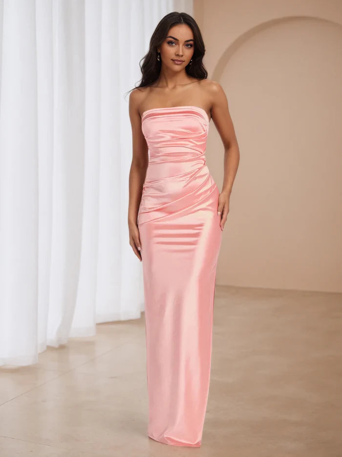 Elegant Sheath Strapless Sleeveless Plain Back Floor Length Prom Dresses