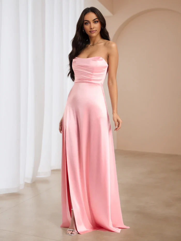 Elegant Sheath Strapless Sleeveless Plain Back Floor Length Prom Dresses