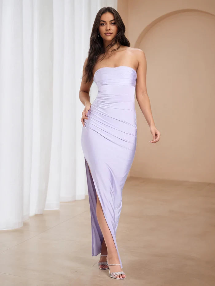 Elegant Sheath Strapless Sleeveless Plain Back Floor Length Prom Dresses