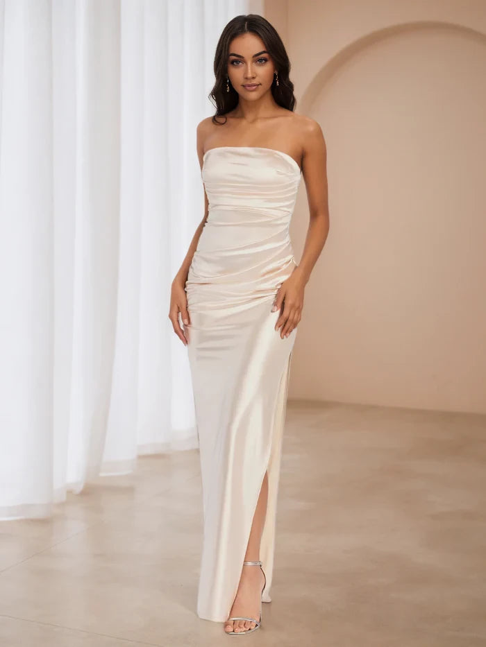 Elegant Sheath Strapless Sleeveless Plain Back Floor Length Prom Dresses