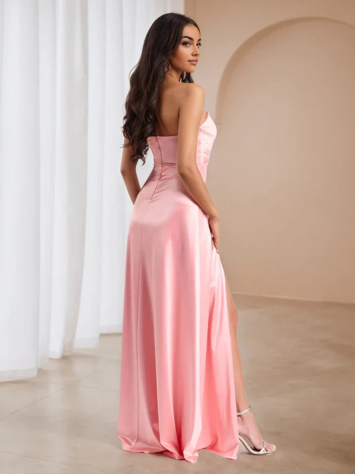 Elegant Sheath Strapless Sleeveless Plain Back Floor Length Prom Dresses