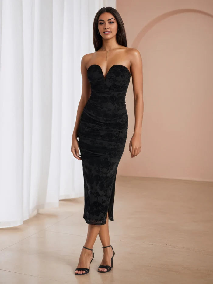 Elegant Sheath Strapless Sleeveless Zip Back Midi Length Prom Dresses