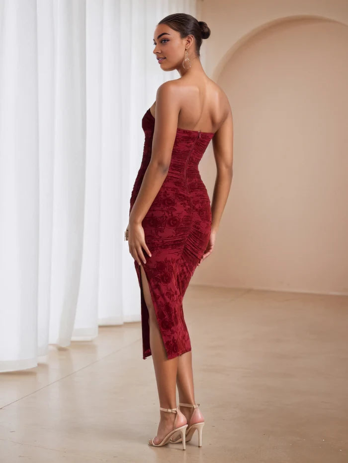 Elegant Sheath Strapless Sleeveless Zip Back Midi Length Prom Dresses