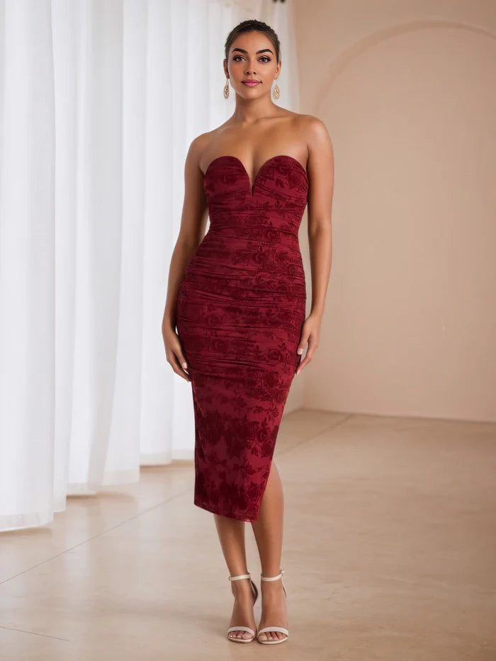 Elegant Sheath Strapless Sleeveless Zip Back Midi Length Prom Dresses