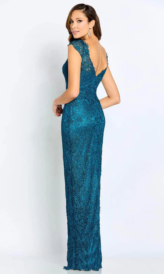 Elegant Sheath V-Neck Cap-Sleeve Scalloped-Back Teal Lace Floor-Length Mother of the Bride Dresses
