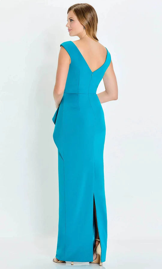 Elegant Sheath V-Neck Peplum-Accent-V-Back Turquoise Satin Floor-Length Mother of the Bride Dresses