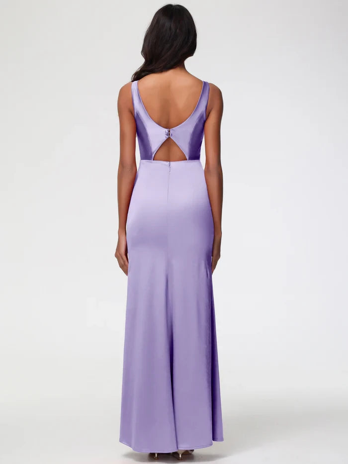 Elegant Sheath V - Neck Sleeveless Cutout Back Long Length Prom Dresses
