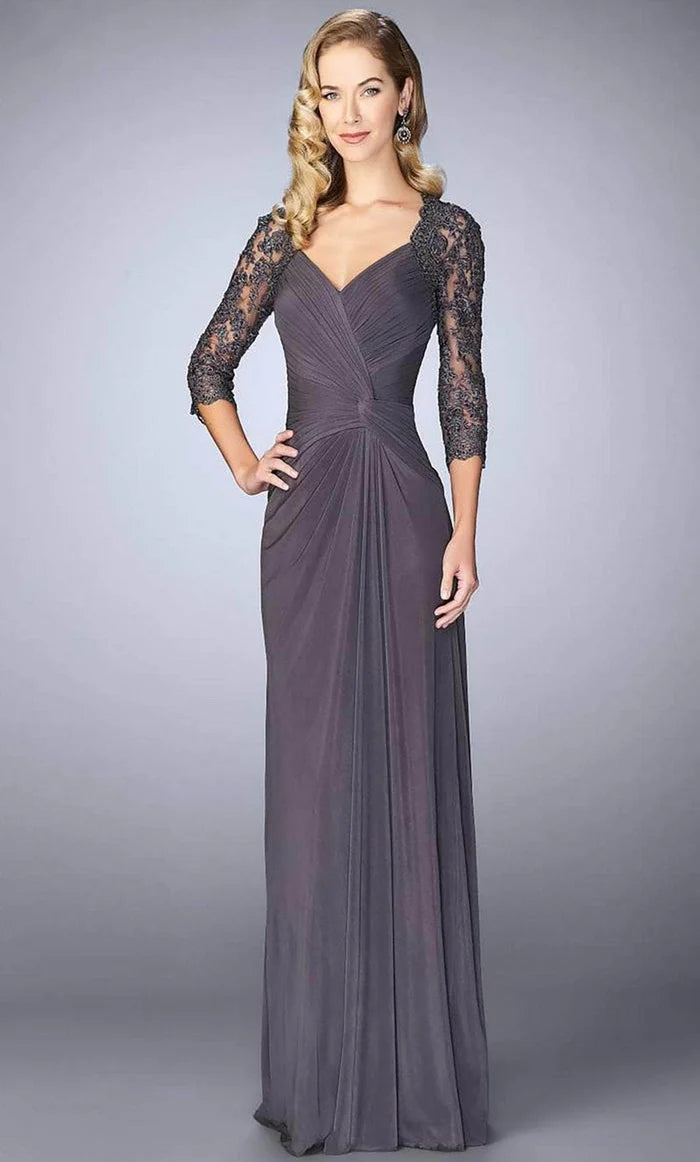 Elegant Sheath V-Neck Three-Quarter-Sleeve Sheer-Back Dusty Lavender Ruched-Chiffon Floor-Length Mother of the Bride Dresses